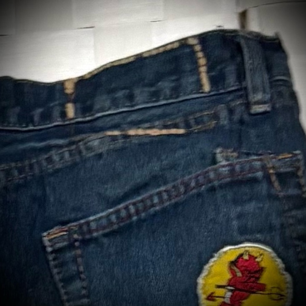 Ed Hardy Dark Blue Jeans with Red Heart & Multicolor Embroidered Skull Patches - Picture 3 of 9